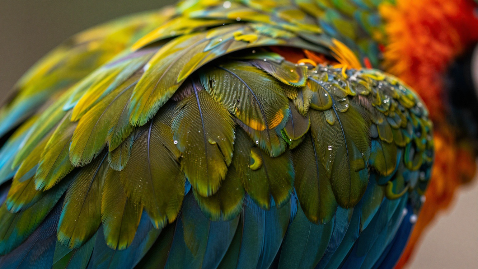 Extreme close-up macro shot of a colorful parrot feather showing 8K resolution detail