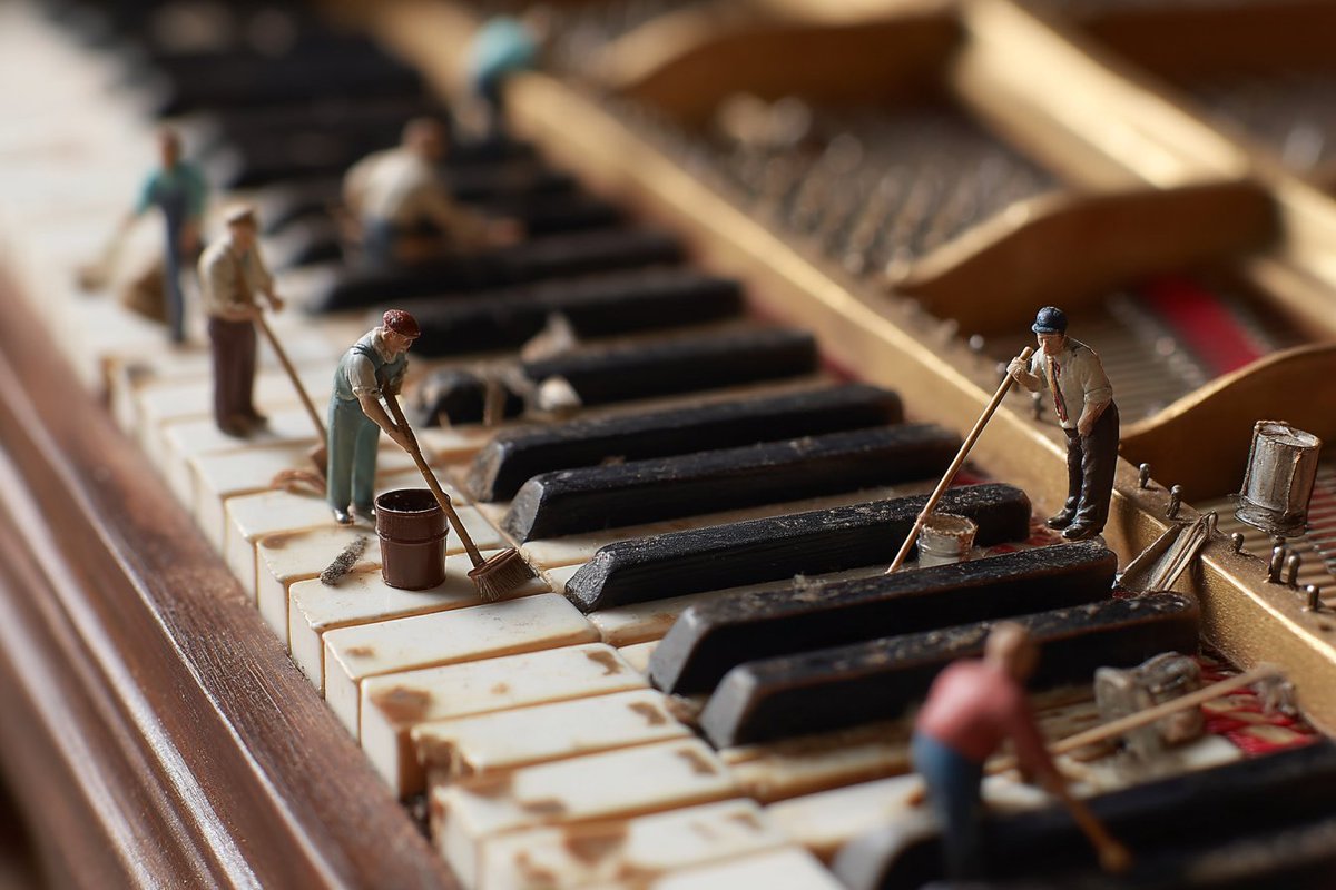 Tiny People Cleaning Piano Keys
