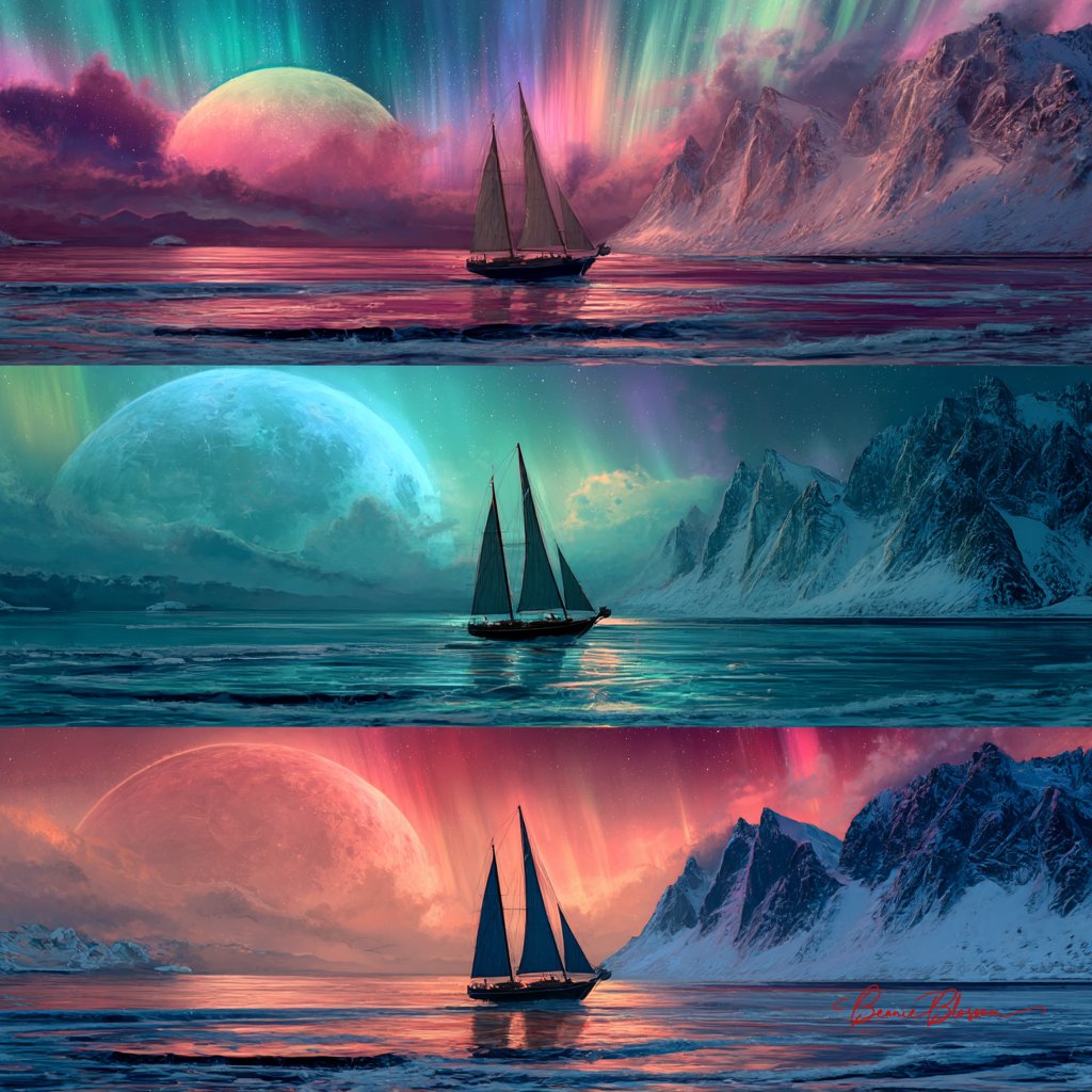 Three Different Fantasy Ships at Sea