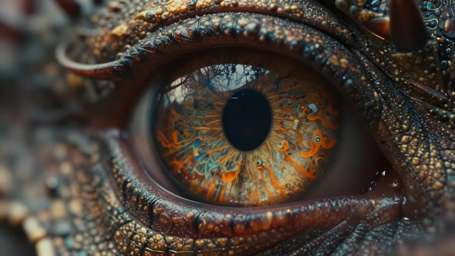 Extreme close-up macro shot of a dragon eye showing intricate 8K resolution details
