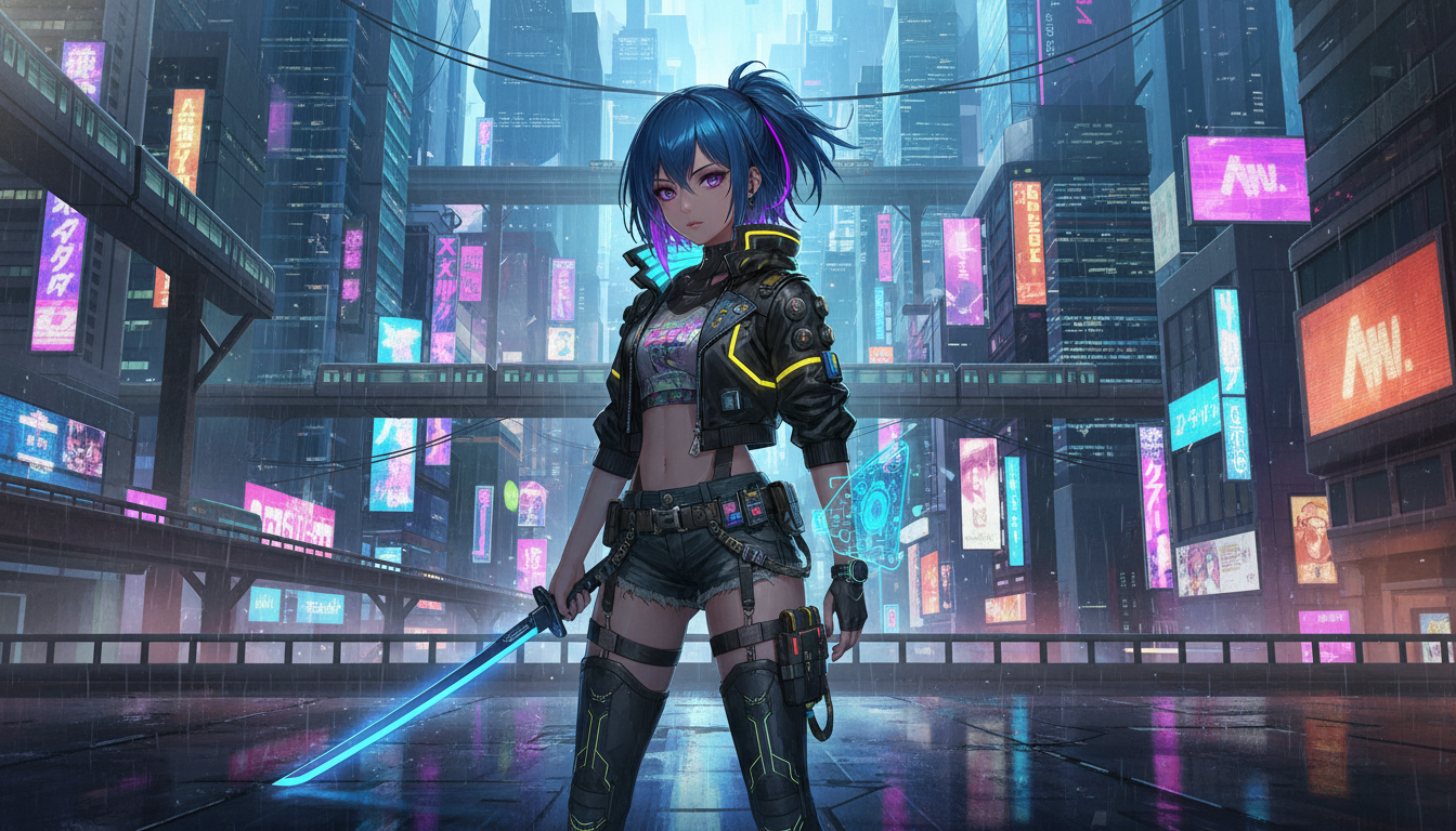 Cyberpunk style anime character with neon lights, representing game character design