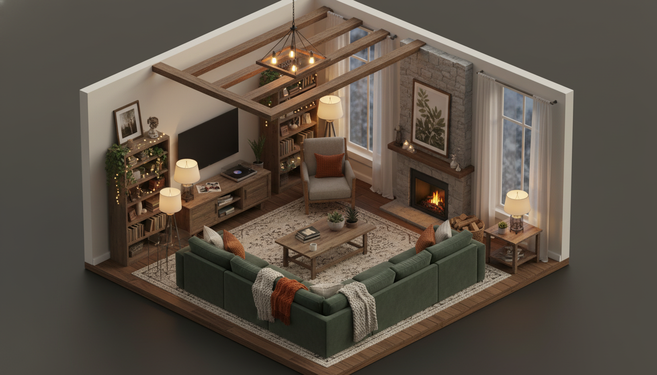 Isometric 3D render of a cozy living room with warm lighting, representing marketing visuals